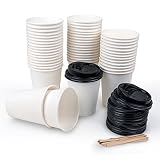 Tazas de café desechables con tapas y agitadores de calidad superior. Un paquete de 50 tazas de café reutilizables de 8 onzas y tazas de té hechas de papel kraft fino y plástico sin BPA. Respetuoso con el medio ambiente y reciclable. Los agitadores que son extremadamente duraderos no se doblan. Es perfecto para obtener una bebida rápida en la carrera. Tazas desechables para bebidas calientes y lo mejor para máquina de café.
