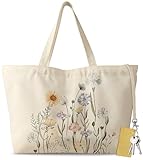 Miss Adola Large Tote Bag for Women - Aesthetic Cute Big Canvas Bags with Zipper Cotton Reusable Shoulder Bag with Hook Graphic for Travel, Work, Shopping, Gym, Colorful Flower