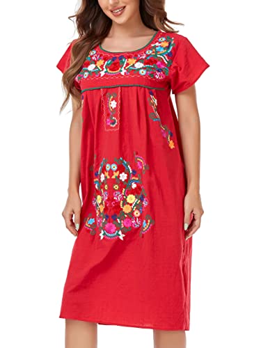 Image of YZXDORWJ Women Mexican Embroidered Long Dress Ruffle Collar Maxi Boho Floral Summer Short Sleeve