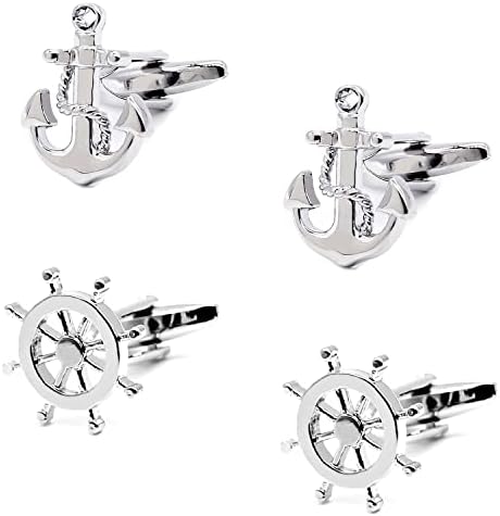 LROEZR Cufflinks for Men Ship Wheel and Nautical Anchor Stainless Steel Shirt Accessories Unique Wedding Business Cuff Links for Mens Jewelry with Gift Box, 2 Pairs