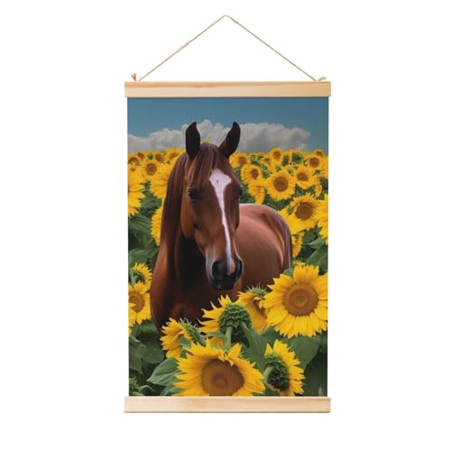 Cadre bois avec affiche cheval et tournesol pour décoration salon moderne