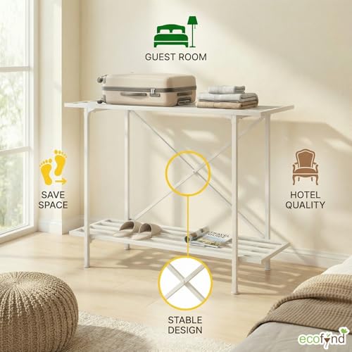 Image of ecofynd Metal Luggage Rack, 2-Tier Space-Saving Travel Organizer, Stable Luggage Holder for Guest Room, Bedroom, Hotel, Holds up to 150 Kg, Strong, Non-Slip Feet, X-Cross Brace at Back (White)