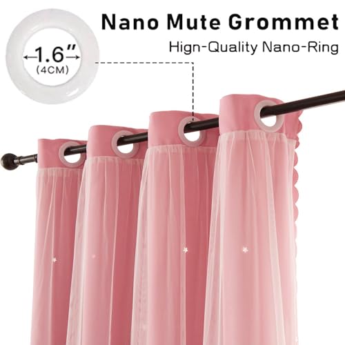 Pink Blackout Curtains for Girls Bedroom Cute - Aesthetic Star Cutout Double Layer with Sheer Overlay, 63 Inch Length 1 Panel Baby Nursery Curtains Kids Room Decor Drapes