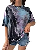 Remidoo Women's Casual Short Sleeve Graphic Oversized T Shirt Loose Letter Print Tee Top Blouse Purple Large