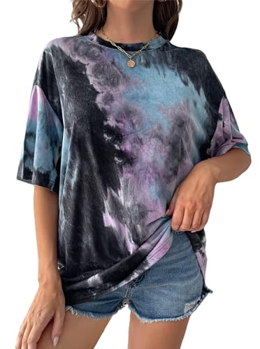 Remidoo Women's Casual Crewneck Short Sleeve Oversized Tshirt Tie Dye Shirt Gothic Tee Top Purple Small