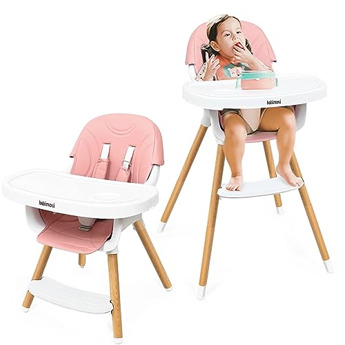 Image of babimoni Premium 3-in-1 Convertible Wooden High Chair for Babies & Toddlers: Dual Easy-Clean Trays | Modern Baby Feeding & Dining Chair | ASTM Approved | Foldable & Ergonomic Design (Pink)