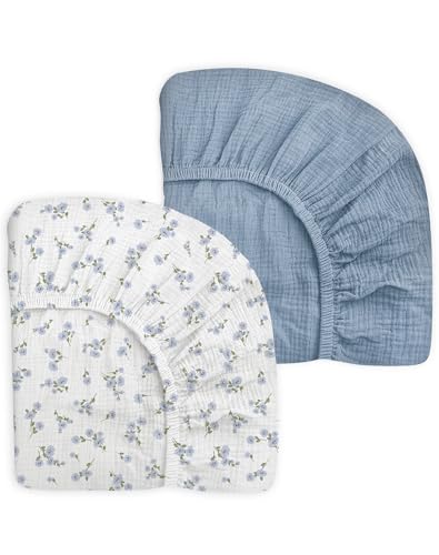 Image of Pack and Play Sheets for Baby Boy and Girl 2 Pack, Neutral Muslin Cotton Pack N Play Mattresses Sheet 27 inchx39 inch, Muslin Nursery Bedding Soft and Breathable Comfort (Bluebell Bloom & Light Blue)