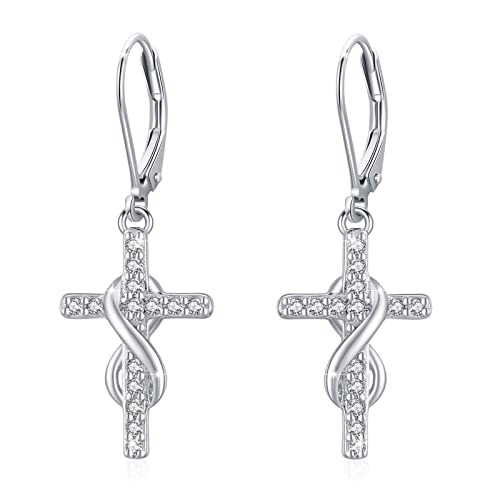 Infinity Cross Dangling Earrings For Women 925 Sterling Silver Religious Jewelry For Women Cross Drop Earrings Cross Leverback Earrings Jewelry Infinity Symbol Gifts Girls Wife #TOP28