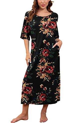 PrinStory Womens Long Nightgown Round Neck Nightshirts Short Sleeve Loose Loungewear Casual Sleep Dress With Pockets3