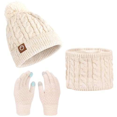 Fiohiros Mädchen Wintermütze, Schal, Handschuhe, Set, Kinder, weiche, warme Mütze, Halswärmer, Fäustlinge für 4–10 Jahre alte Mädchen, weiß, One size