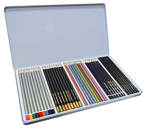 Image of Quickdraw 40 Artist Pencils Set in Storage Tin – Coloured, Watercolour, Charcoal & Metallic Drawing Pencils – Sketching, Shading & Colouring Art Kit for Artists & Beginners