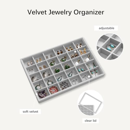 Image of Wudygirl Jewelry Organizer Velvet Jewelry Tray with Lid Earring Holder Organizer Drawer Insert 30 Gird Earring Tray Ring Storage for Women Adjustable Set of 2 (Gray)