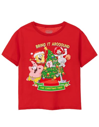 Image of SPONGEBOB SQUAREPANTS Kids Christmas T-Shirt | Boys & Girls Christmas Tree Short Sleeve Seasonal Graphic Tee | Patrick Squidward Sandy Gary Red Festive Top | Xmas Merchandise Gift