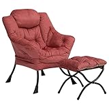 HollyHOME Red Fabric Lazy Chair with Foldable Ottoman, Modern Lounge Arm Chair and Folding Footrest Stool Set, 31.5L x 25.6W 37.4H inches, Soft and Comfortable to Touch