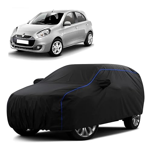 Image of Sulfar 100% Water Resistant Car Body Cover Compatible with Mirror for Renault Pulse (Triple Stitched, Full Bottom Elastic, Black Tafetta with Blue Piping)