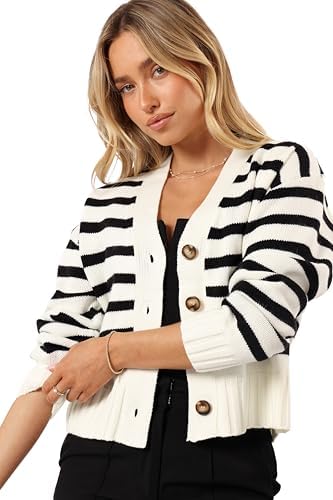 Petal & Pup Women's Kallen Button Front Striped Cardigan, Cream/Black
