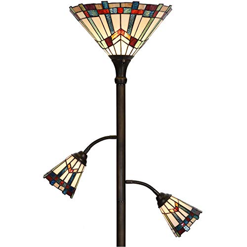 Bieye L10812 Mission Tiffany Style Stained Glass Floor Lamp for Reading Working Decorating, 3-Lights, 70 inches Tall