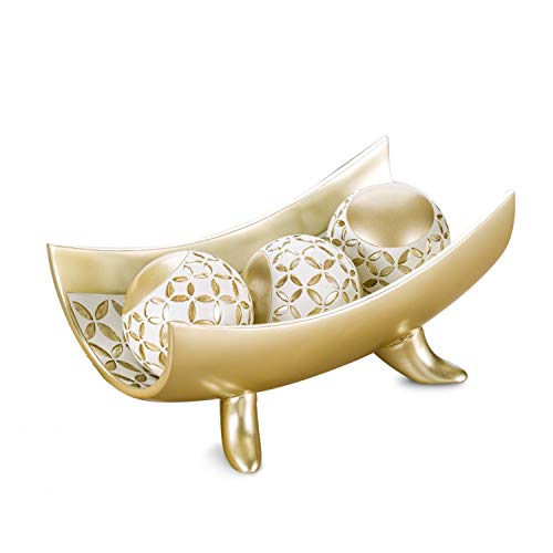 Decorative Centerpiece Bowl With 3 Matching Orbs - Coffee Table Decor With Resin Sphere Balls For Living Room Dining Room Table - Decorations For Home Decor - Mantle House Decor (Gold & White) #TOP11