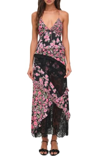 Image of SOOKABEILA Women Y2k Boho Maxi Dress Floral Lace Sheer Tiered Flowy Cami Long Dress 2025 Summer Smocked Beach Sundress