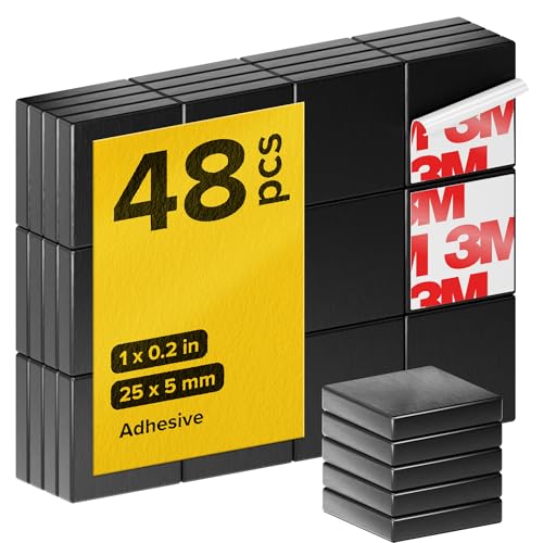 Strong Ceramic Square Magnets With Adhesive Backing (1x0.2"/25x5mm, 48 pcs) - Heavy Duty Sticky Magnets, Non-Corrosive, Versatile For Home, Office, Workshop, Whiteboard, Fridge And Hobby Use