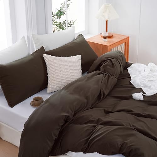 YHJWW Brown Duvet Cover Set Ultra Soft and Comfy 3 Piece Comforter Covers Bedding Set Includes 2 Pillowcases and 1 Duvet-Cover with Zipper (Queen 90x90 No Comforter)