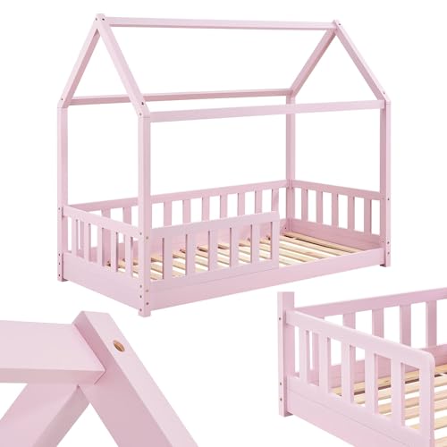 Juskys letto per bambini Marli da 80x160 cm con protezione anticaduta, rete a doghe e tetto - Letto a casetta in legno massiccio per bambini - Letto rosa