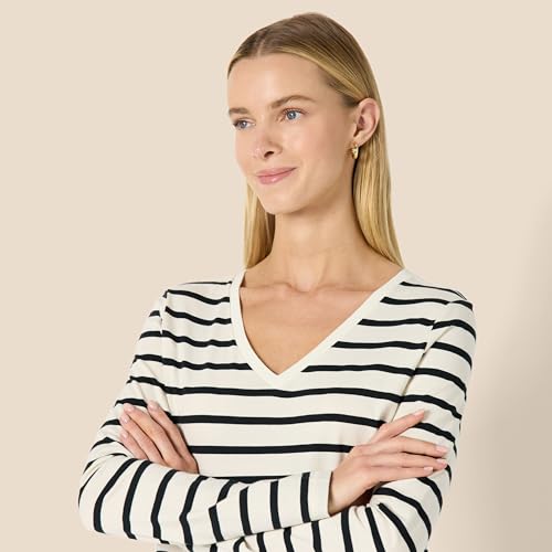 Amazon Essentials Camiseta de Cuello en V, Manga Larga, Corte Regular, 100% Algodón Mujer, Cáscara de Huevo Negro Mariner Rayas, L