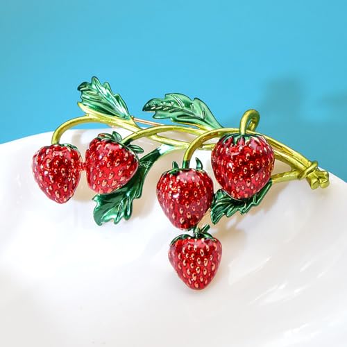 Cute Strawberry Green Leaf Branch Brooch For Women Girls, Pin Brooch Fruit Badges for Clothing Backpacks Bag, Dress Accessories Dainty Retro Gift