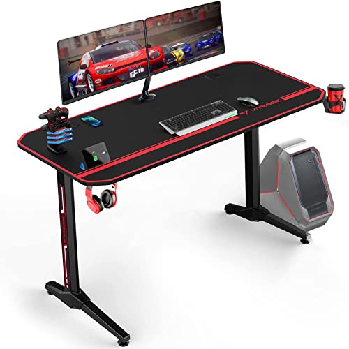Vitesse Ergonomic Gaming Desk 55 Inch, T Shaped Office Pc Computer Desk With Full Desk Mouse Pad, Gamer Tables With Gaming Handle Rack, Cup Holder Headphone Hook #TOP7