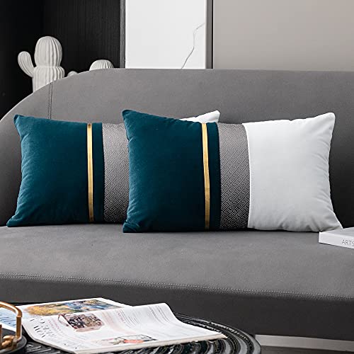 DEZENE Decorative Throw Pillow Covers - Pack of 2 Modern Cozy 12x20 Inch Rectangular Teal White and Gold Velvet Lumbar Pillow Cases for Living Room Bedroom Couch Sofa
