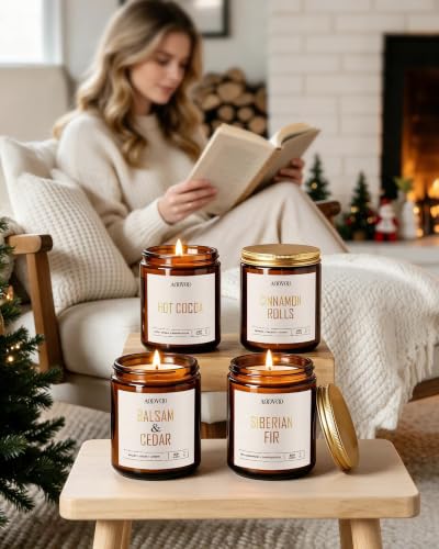 Image of AOOVOO Christmas Candles - 4 PC Scented Candle, 28 oz Soy Candles, Soy Candle for Home Scented,Siberian Fir /Balsam Cedar /Cinnamon Rolls /Hot Cocoa