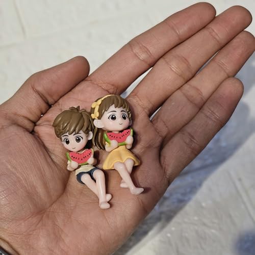 Image of Miniature Cute Watermelon Couple Figurines for Home Decor Fairy Garden Dollhouse Accessories Tabletop Showpiece Gift Item Set of 2 Yellow