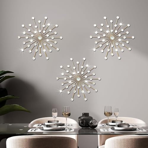 ZEXUIRU 3 Pack Gold Sunburst Wall Decor – Metal Crystal