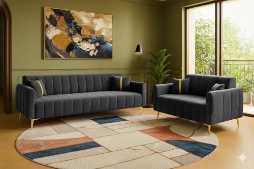 Image of Furny Harmon 5 Seater Fabric 3+2 Sofa Set (Dark Grey) | Soft Velvet Fabric | Modern Design | Comfortable Seating | Living Room Furniture