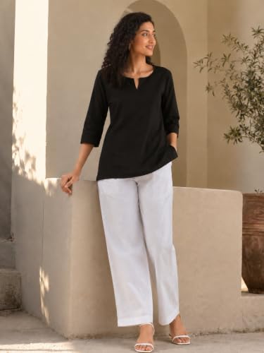 Image of SAADAA Airy Linen Split Neck Short Kurta for Women | Casual & Office Wear | 3 /4 Sleeves, Comfortable Fit | Elegant Top | Lightweight & Breathable Fabric |