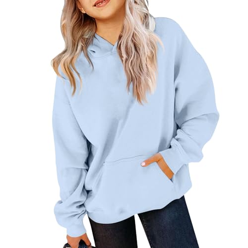 Sweatshirts For Teen Girls Long Sleeve Cute Fashion Hoodies For Teens Solid Oversized Hooded Girls Sweatshirts 2025 Fall Pullover Tops With Pocket Light Blue 150