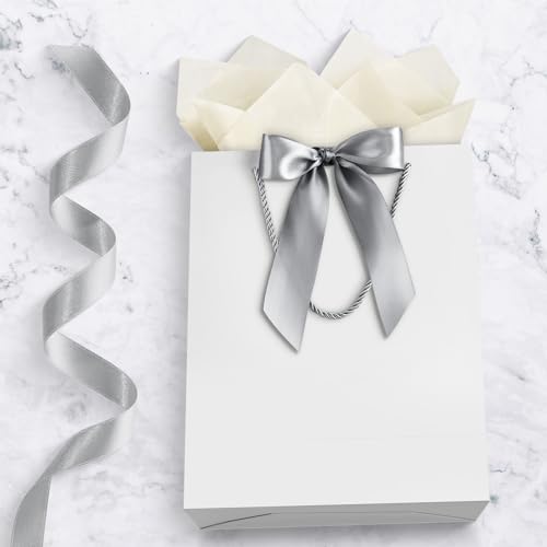 Image of JMANNI Gift Bags with Handles, 11.4 inch Small Mothers Day Gift Bag for Presents, 2 Pcs Bags with 4 Tissue Paper and 2 Cards for Baby Shower Wedding Bridal Shower Mother's Day Birthday Party (white)