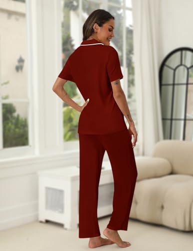 Image of HNG Women Pajamas Set 2 Piece Button Up Pajamas Pant and Short Sleeve Shirt for Woman Pj Sets with Pocket