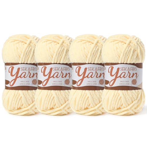 Image of 4 Pack Fluffy Velvet Yarn for Crocheting，Baby Blanket Yarn for Crocheting Soft，200g(262.4yds) Amigurumi Yarns，Plush Chenille Crochet Yarns，Puzzle Yarn for Crochet Weaving Craft(4 Yellowish)
