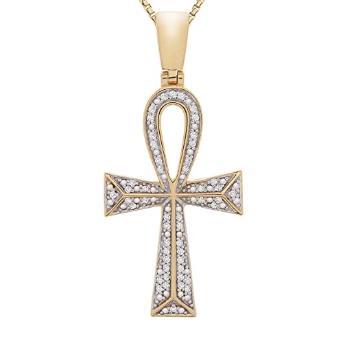Timeless Love 1/4 CTTW Diamond Ankh Cross Charm Pendant Set in Yellow Gold over Sterling Silver or Sterling Silver, Necklace with 22