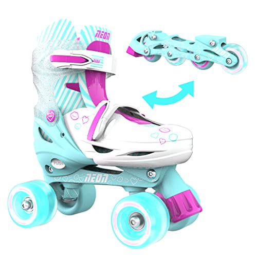 Yvolution Neon Combo Skates | 2-1 Quad and Inline Skates for Kids with LED Wheels | Adjustable Sizing (Teal Pink, 3-6)