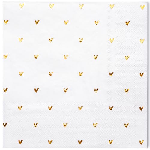 WRAPAHOLIC 50Pcs Valentines Day Paper Napkins - 3-Ply Glold Foil Heart Disposable Luncheon Napkins for Happy Valentines Day Tableware Party Supplies - 6.5 x 6.5 In
