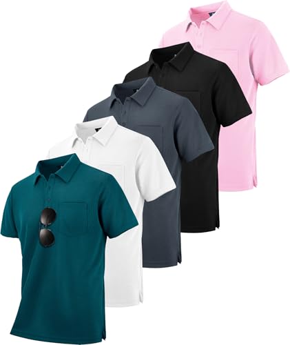 Image of SCODI 5 Pack Mens Pocket Polo Shirts Short Sleeve Golf Casual Work T-Shirt