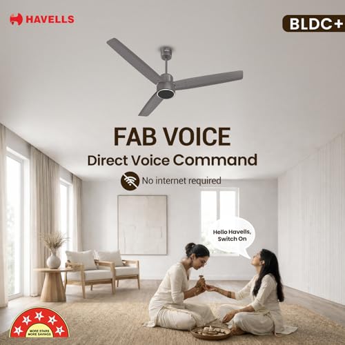 Image of Havells FAB Voice BLDC 1200 mm Ceiling Fan|Direct Voice Command| 5 Star| Upto 65% Saving| Air Delivery: 235 cmm| Low Noise|4 Speed Mode| 380 RPM| 2 Years Manufacturer Warranty (Stone Grey)