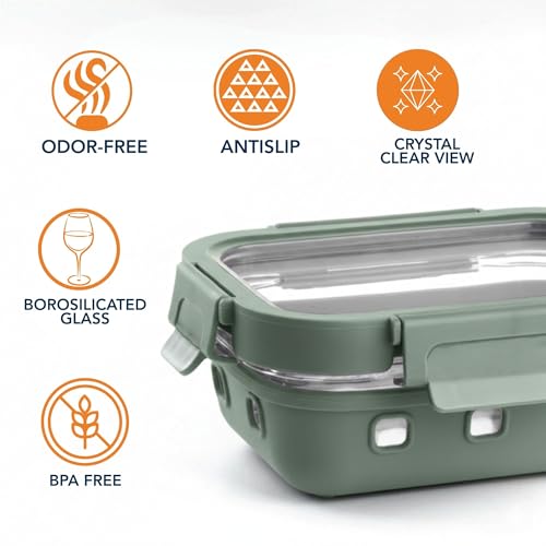 Image of Griplok Glass Lunch Box with Leakproof Lid, Borosilicate Food Storage Container with Silicone Sleeve, Airtight, Microwave /Dishwasher Safe (Forest Green, 1x640ml + 1x1050ml)