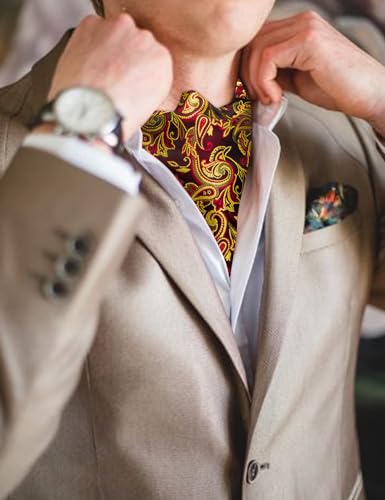Image of Barry.Wang Ascot Ties Cravat Tie Men Paisley Plaid Scarf Self Tie Pocket Square Cufflinks Set Wedding Party