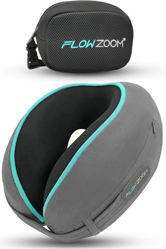 FLOWZOOM Dream Almohada de Viaje Viscoelástica – Cojín de Cuello Ajustable con Soporte 360° y Laterales Altos, Funda de Felpa Suave y Lavable, con Bolsa Compacta – para Avión, Coche y Tren – Gris
