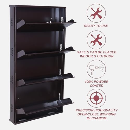 Image of Metal Shoe Rack Wall Mounted for Home with Central Locking | 4 Door 28 inch Wall Mounted Metal 12 Pair Shoe Rack Cabinet | Pre-Assembled Rack Shelves | 3 Year Warranty (Brown)