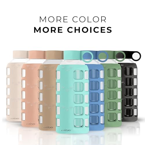 purifyou 40oz / 32oz / 22oz / 12oz Borosilicate Glass Water Bottle with Time & Volume Markers, Silicone Sleeve, Stainless Steel Lid | Reusable Glass Bottle for Water & Juice (22oz Glow-in-the-Dark)