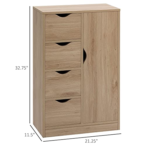 Homcom US838-129V80AK0131 Freestanding Storage Cabinet, Bathroom Floor Cabinet With 4 Drawers And Door, Oak thumb #2